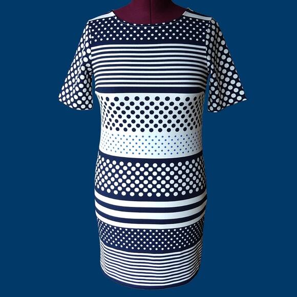 Banana Republic Stripe and Dot Shift Dress XS retro keyhole navy white boat neck - Picture 8 of 16